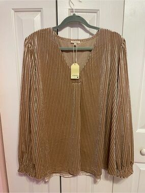 JODIFL Metallic Pleated V-Neck Long Sleeve Top in Champagne